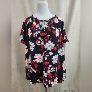 Liz Claiborne Plus Women's Black Red White Floral Print Blouse Size 1X Ruffle